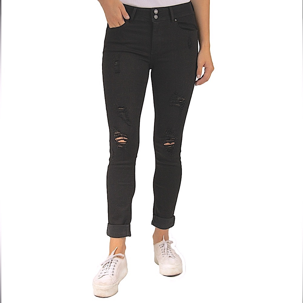Indigo Rein Black Charcoal Distressed Frayed Stretch Straight Leg Jeans Size 11 - Picture 1 of 6